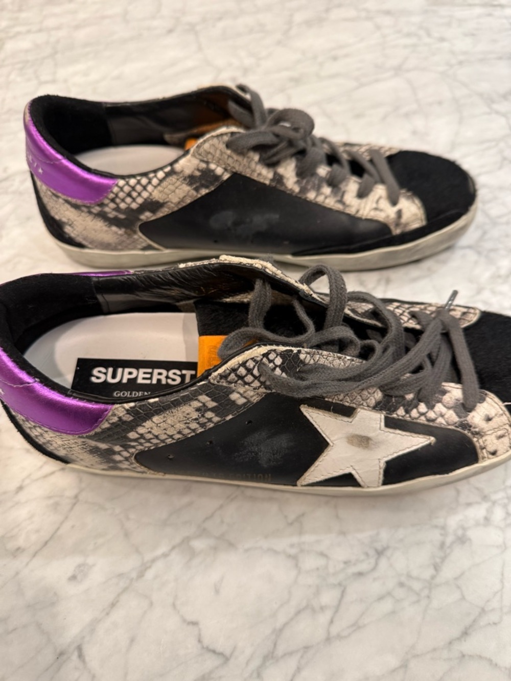 Golden Goose Snake-Print & Black Low-Top Sneakers with Purple Heel